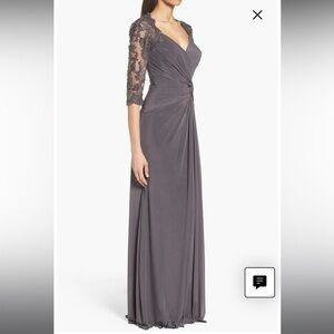 New ▶️ LA FEMME ◀️ Ruched Twist Column Gown. Gun Metal. Size 12